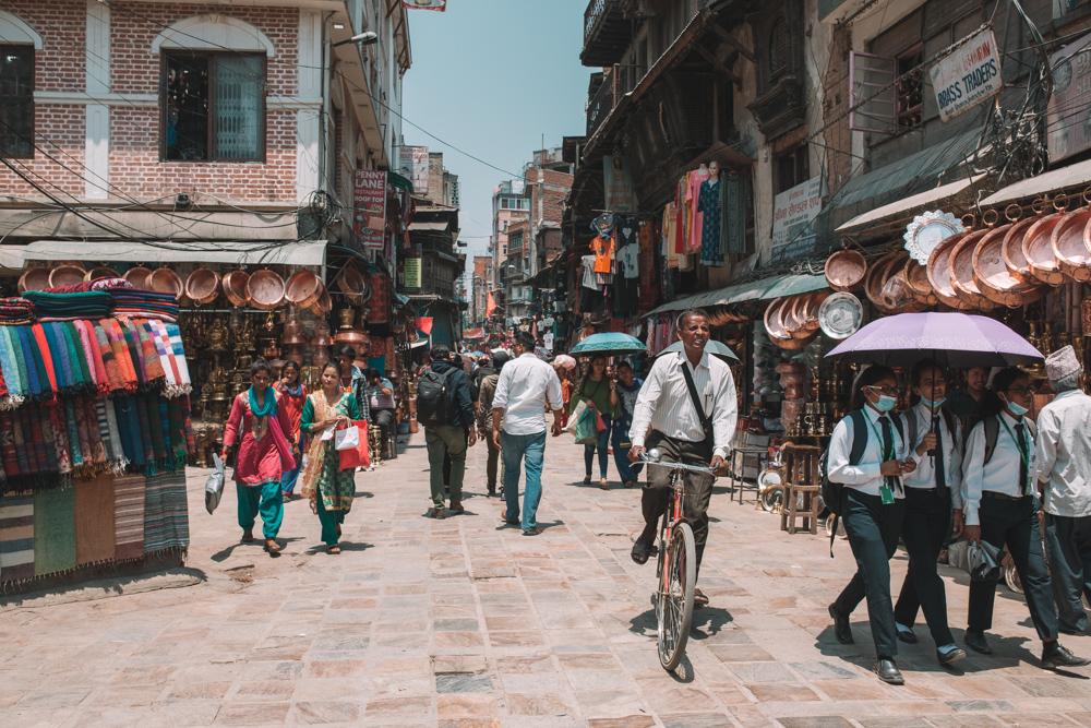 People walking at Ason Market in Kathmandu.
