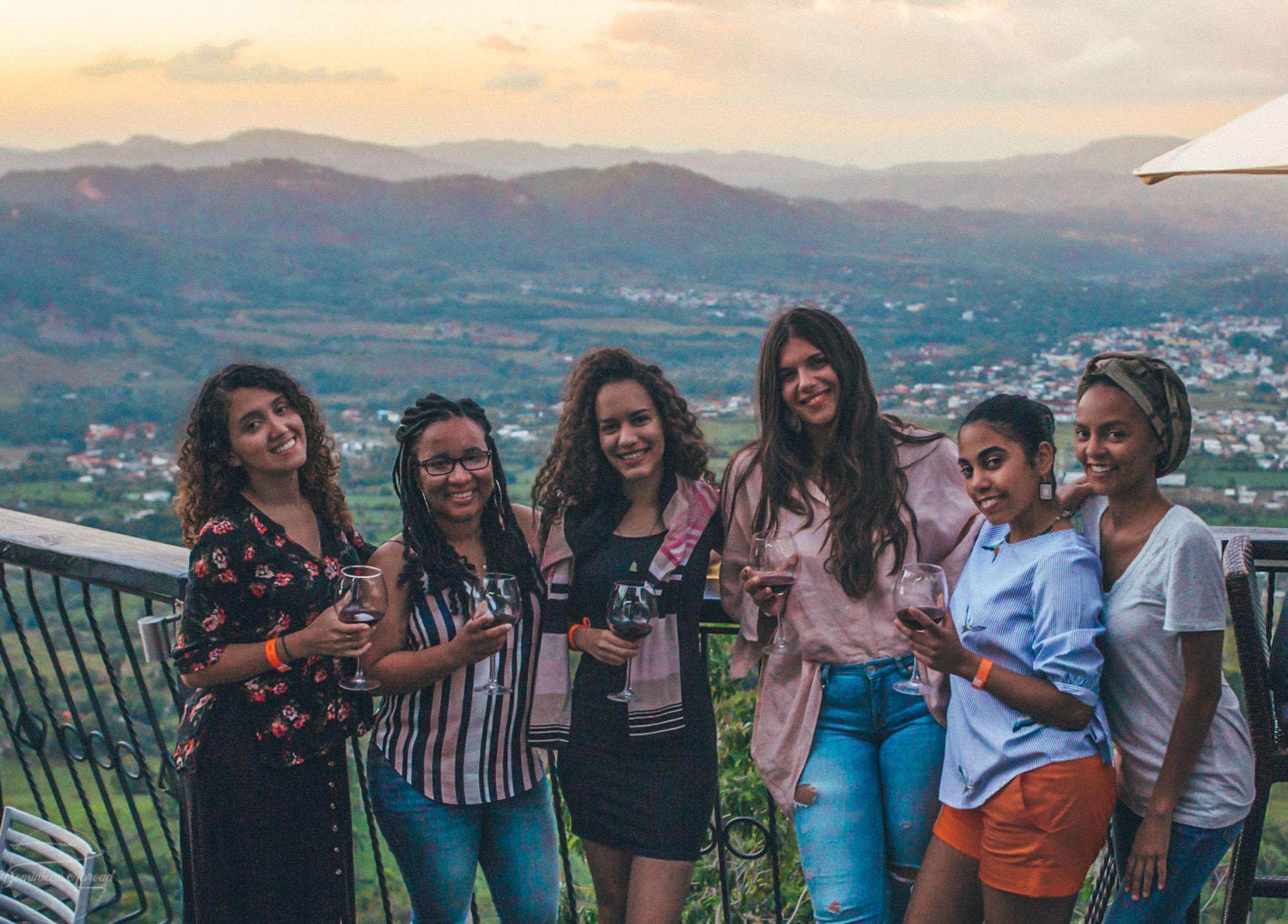 A group of six females at a Jarabacoa restaurant on a mountain.