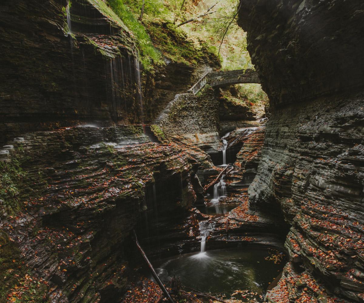 watkin glen park's gorge with the little waterfalls and the bridge state park of ny