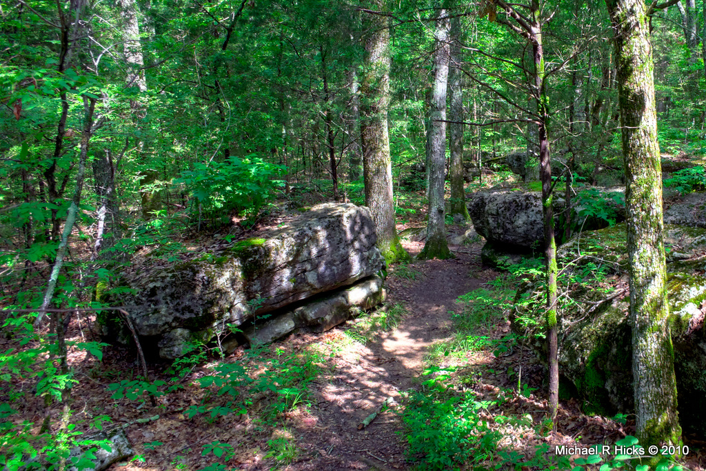 a hiking trail in the summer with boulders