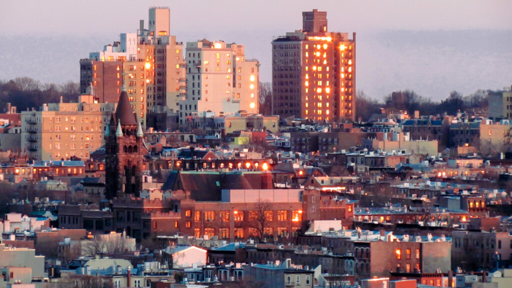 skyline view of nyc winter sunset brooklyn
