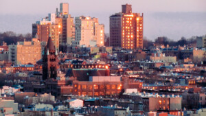 skyline view of nyc winter sunset brooklyn
