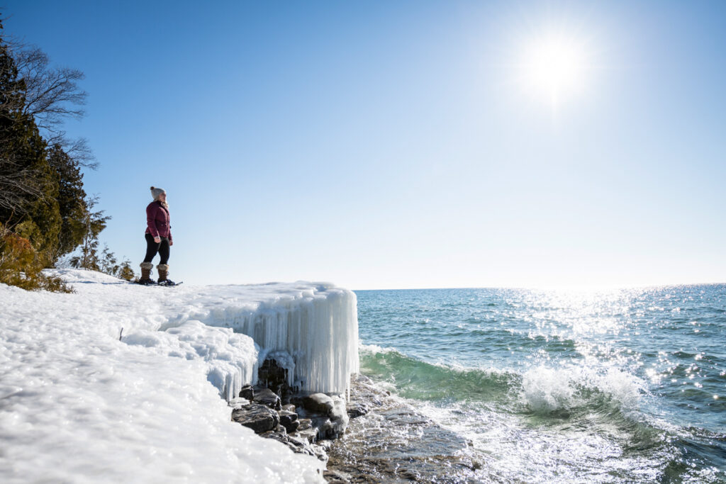 snow shoeing cave point mid afternoon