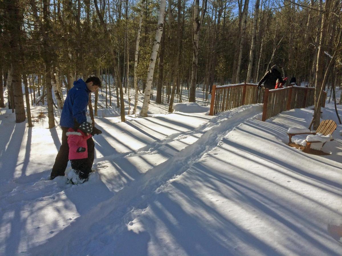 A man and a kid walking on snow in the woods.