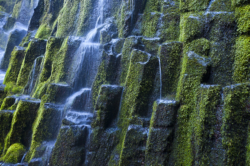 Water from waterfalls flowing through mossy rocks.