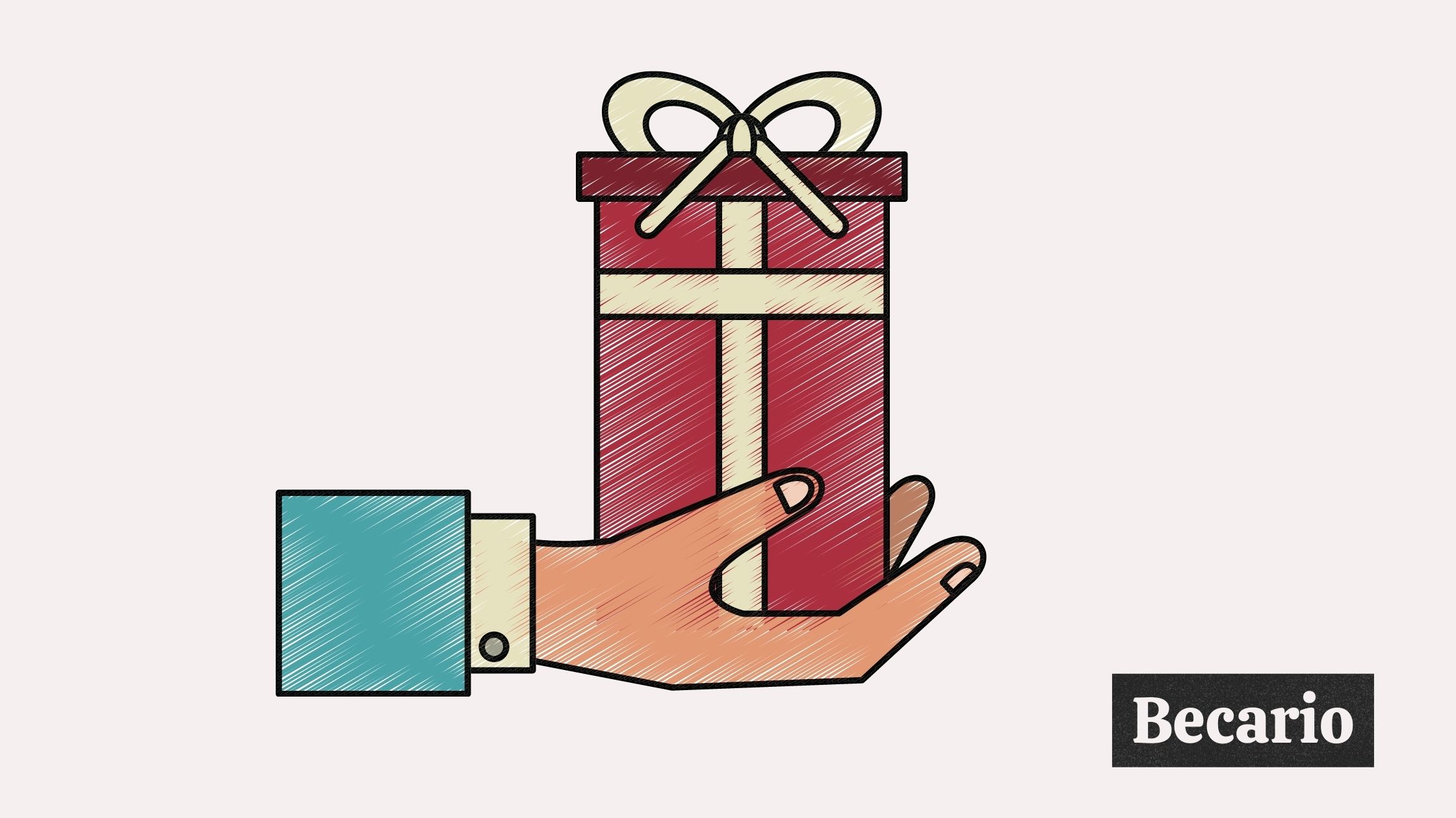 An illustration of a hand holding a boxed gift with text "Becario".