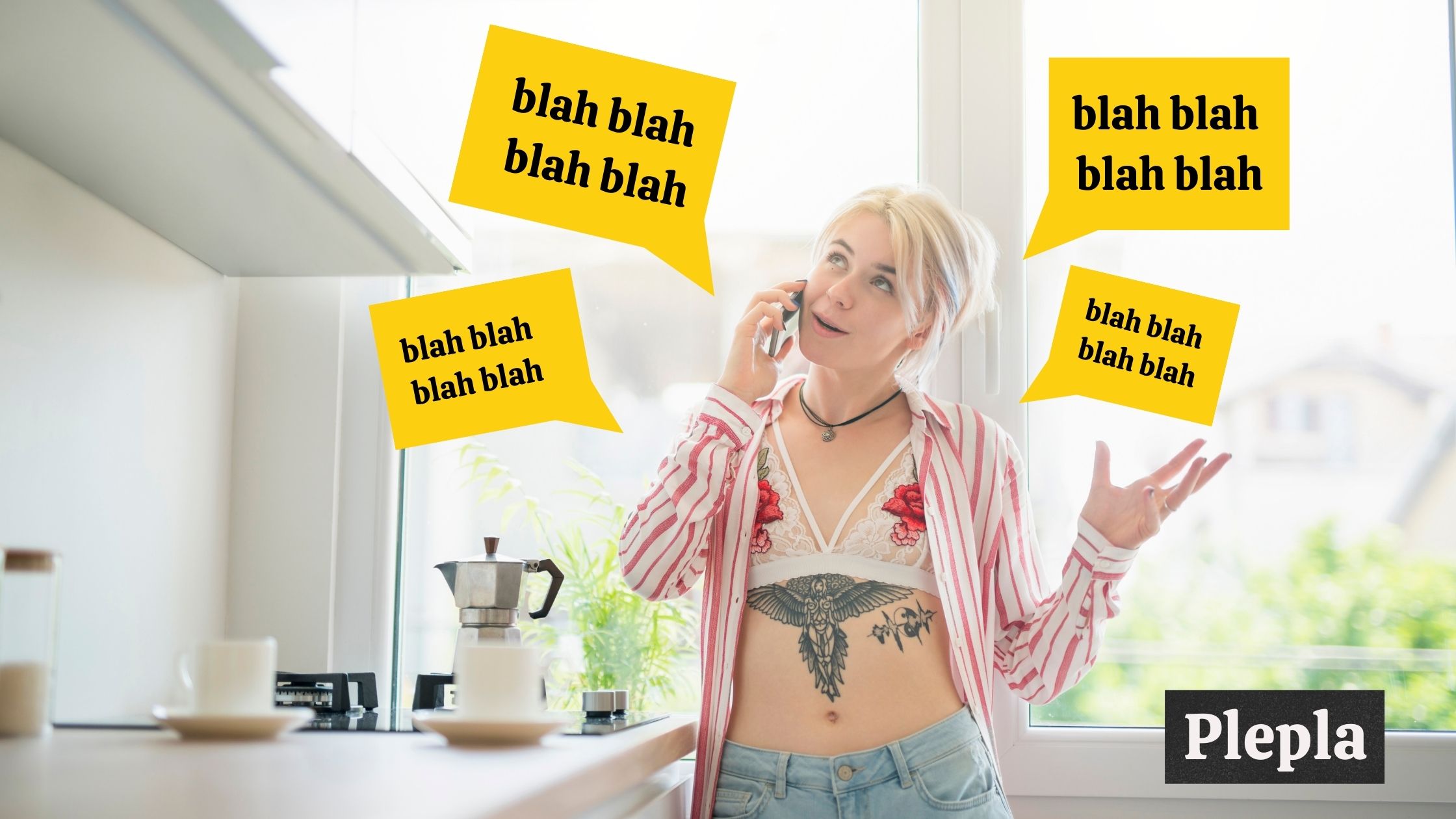 A woman on a phone in a kitchen surrounded by text balloons; "Plepla" text in image.