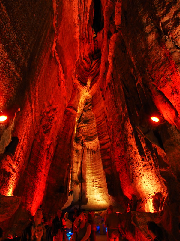 a cave waterfall in tennessee with lights