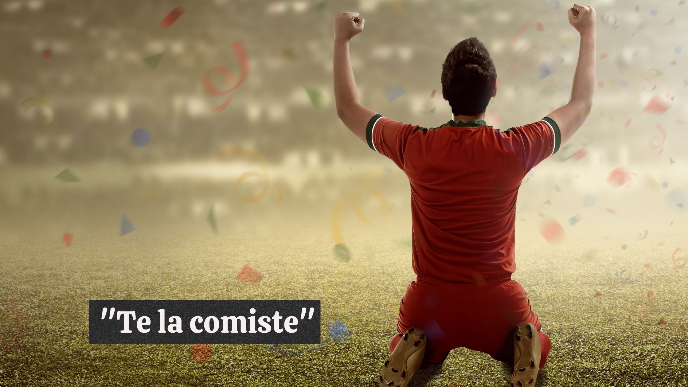 A man facing backwards kneeling with confettis falling around; "Te la comiste" text in image.