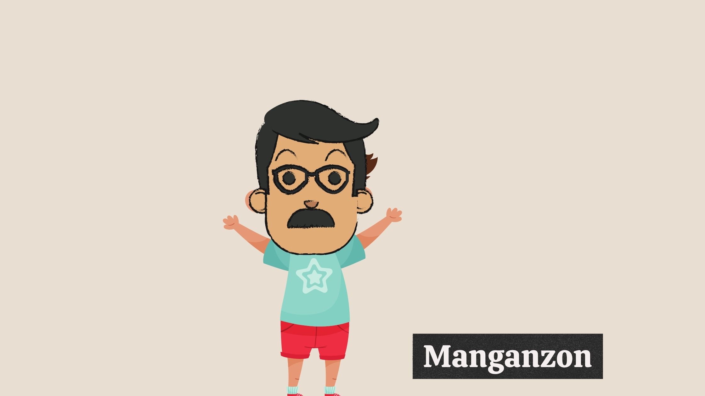 An illustration of a miniature man spreading his arms open; "Manganzon" text in image.