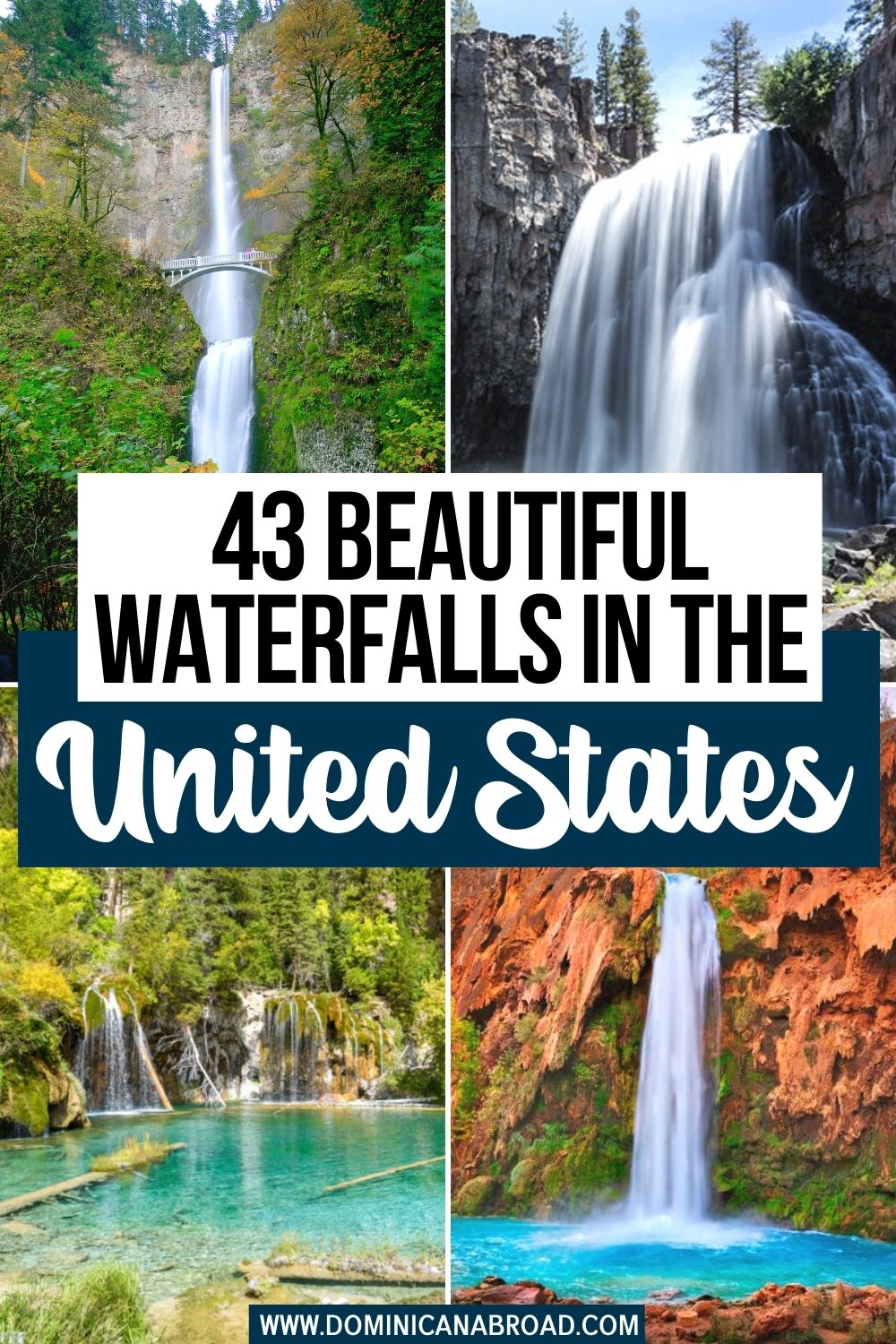 A photoset of four different waterfalls with text "43 Beautiful Waterfalls in the United States".