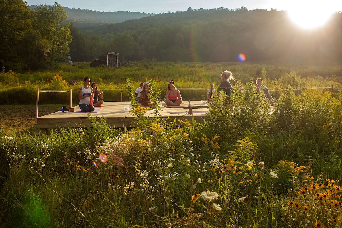 People interacting at a camping area