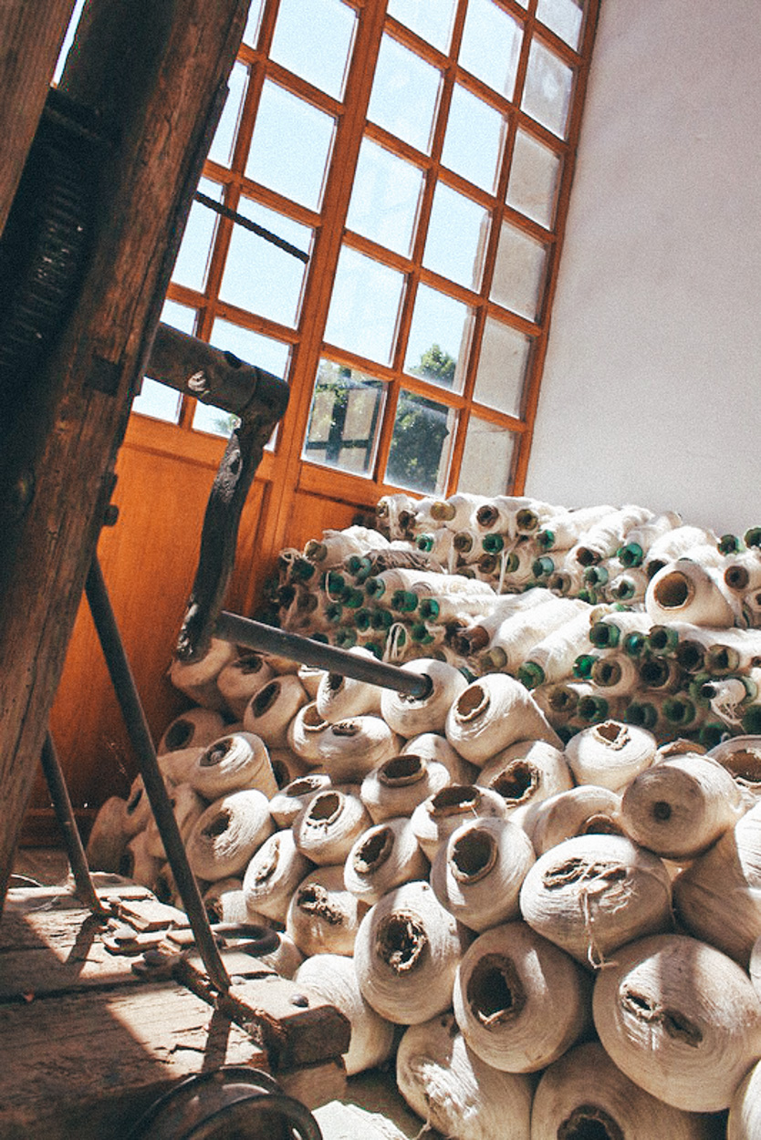 Rolls of textiles.
