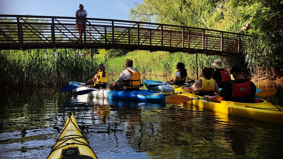 People in the kayaks on the lake next to the bridge where tour guide is standing and interpreting them where they are.