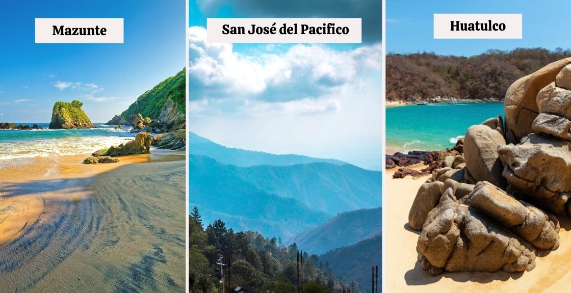 A photoset of various nature destinations in Oaxaca including Mazunte beach, San Jose del Pacifico mountains, and Huatulco beach.