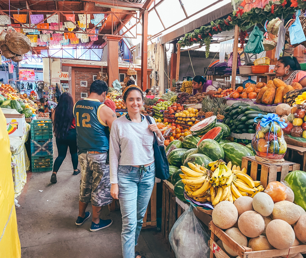 A woman at a fresh market in Mexico.