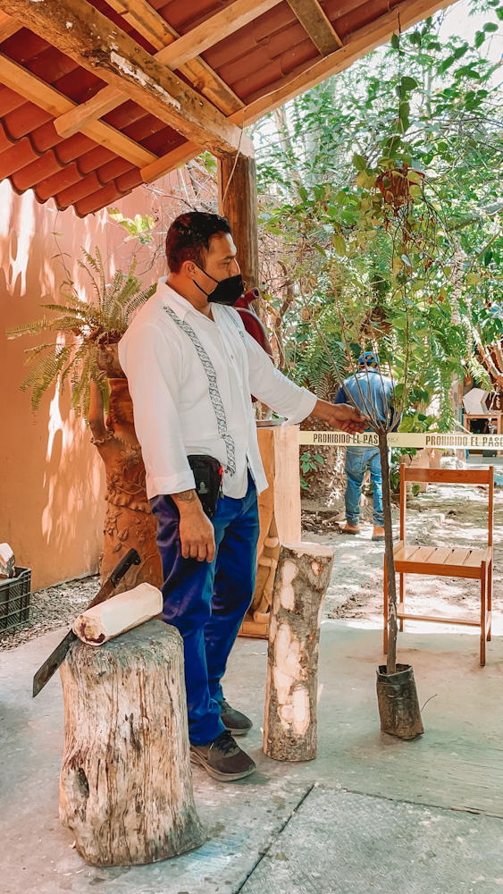 A man doing an art workshop demonstration in Oaxaca, Mexico.