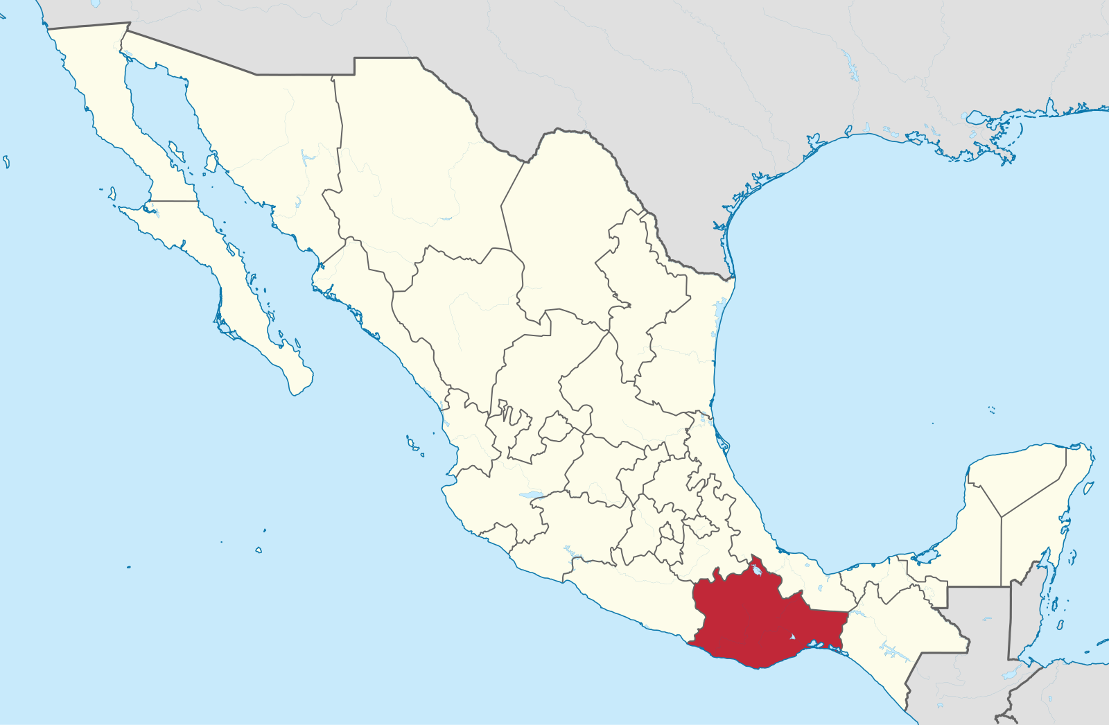 Map of Mexico with Oaxaca highlighted in red.