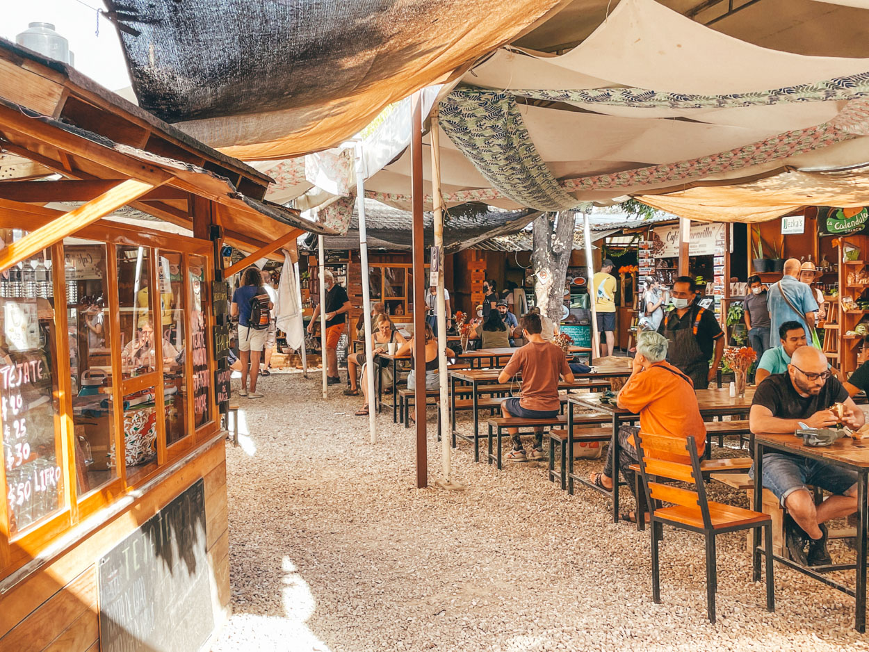 Dining area at an outdoor market in Oaxaca, Mexico.