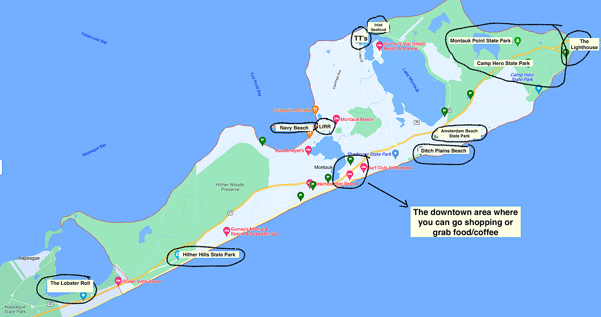A map of Montauk, Long Island highlighting points of interest.