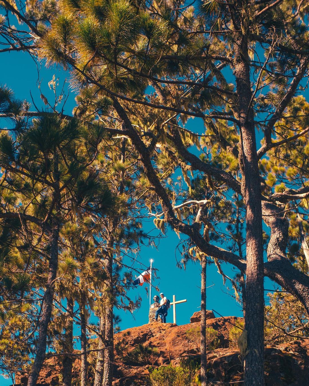 A person at a part of Pico Duarte with statue, Dominican flag, and trees.