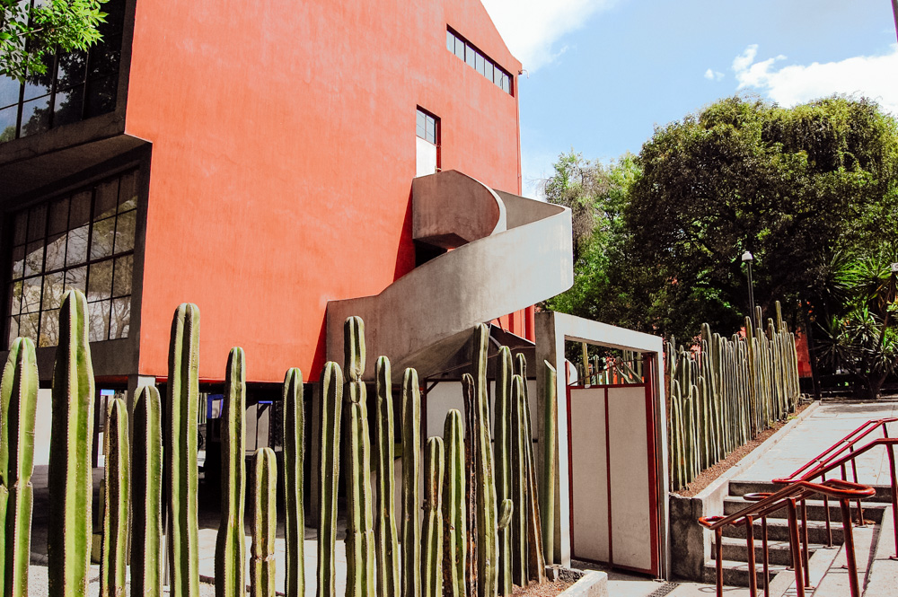 Exterior of the red house with cacti.