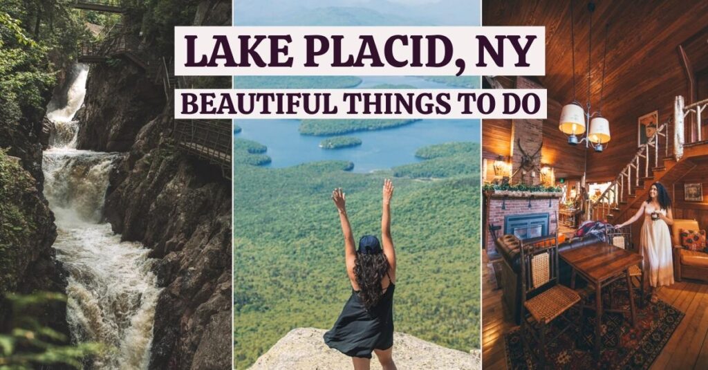 collage of things to do in lake placid, hiking, waterfalls and cabin stays