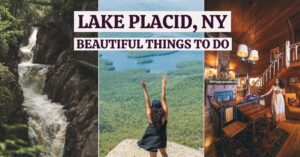 collage of things to do in lake placid, hiking, waterfalls and cabin stays
