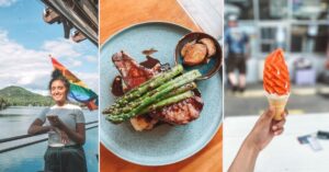 a cocktail by water, steak dish, ice cream. best places to eat in lake placid collage.