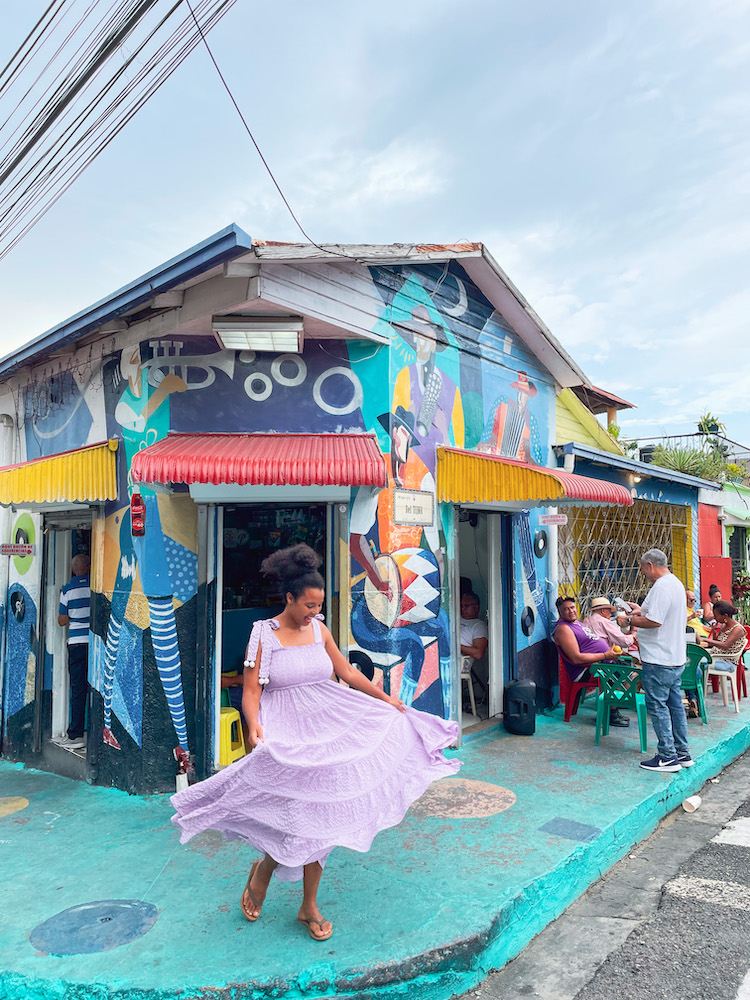 A woman in lilac dress standing in front of a building with murals in Santiago, Dominican Republic.