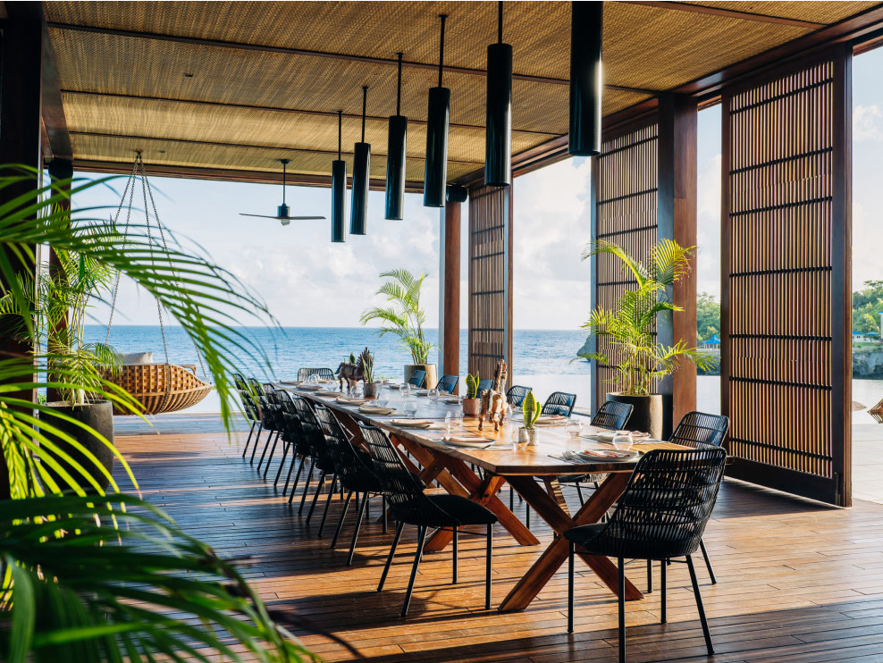 Beachfront dining area at a resort in the Dominican Republic.