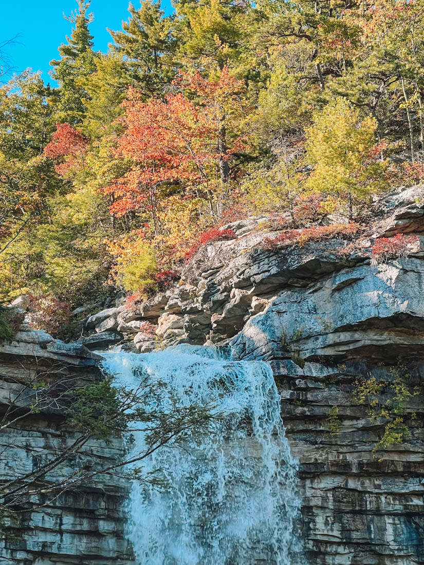 Water flowing from a waterfall in the fall.
