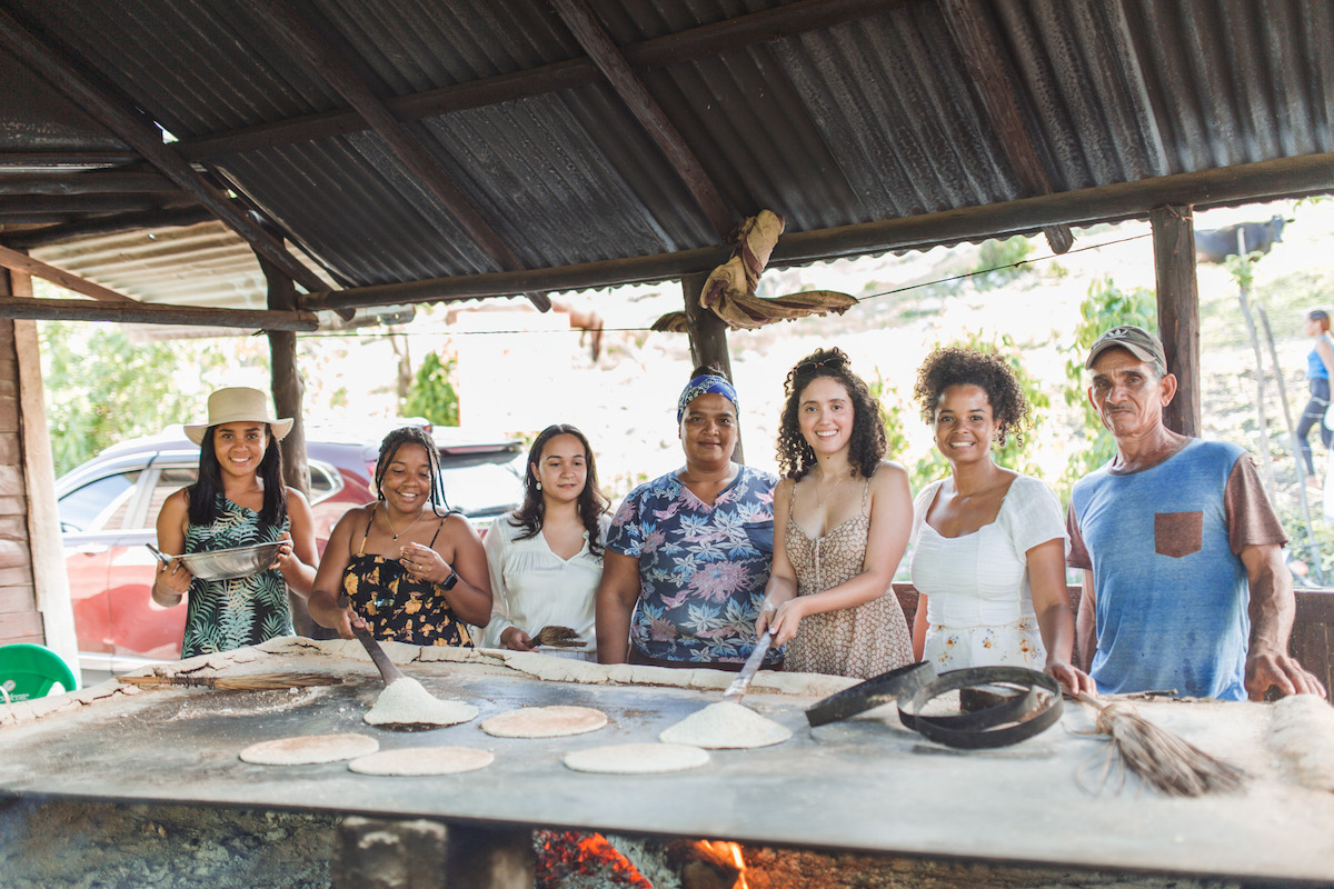 A group of seven people at a casabe shop in Puerto Plata, Dominican Republic.