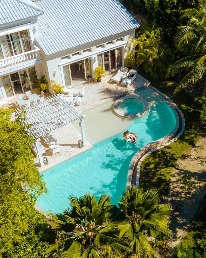 A bird's eye view of an outdoor swimming pool area of a resort surrounded by trees.