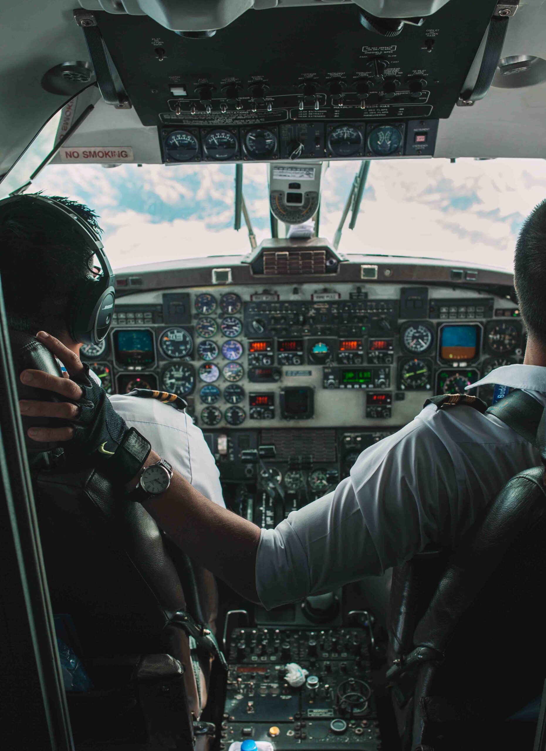 Pilots at a cockpit on the way to Mount Everest.