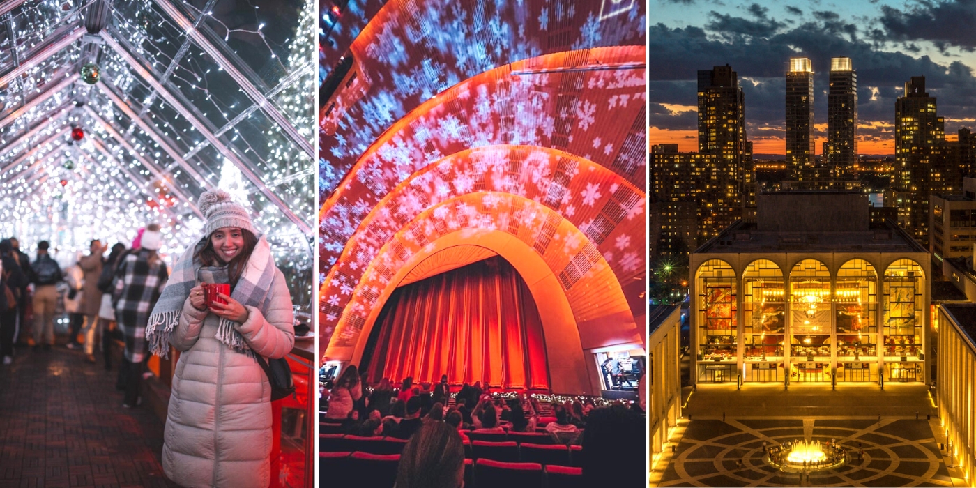 A photoset of Christmas things to do in NYC illustrating a woman at a holiday tree exhibit as well as the inside and the outside of a theater