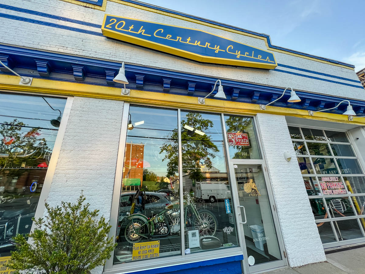 The front of 20th Century Cycles shop in Oyster Bay, Long Island
