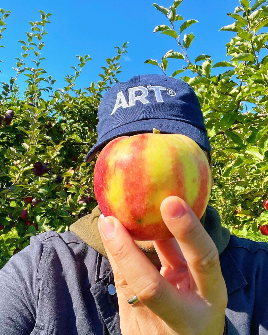 A man covering its face from the camera, behind an apple