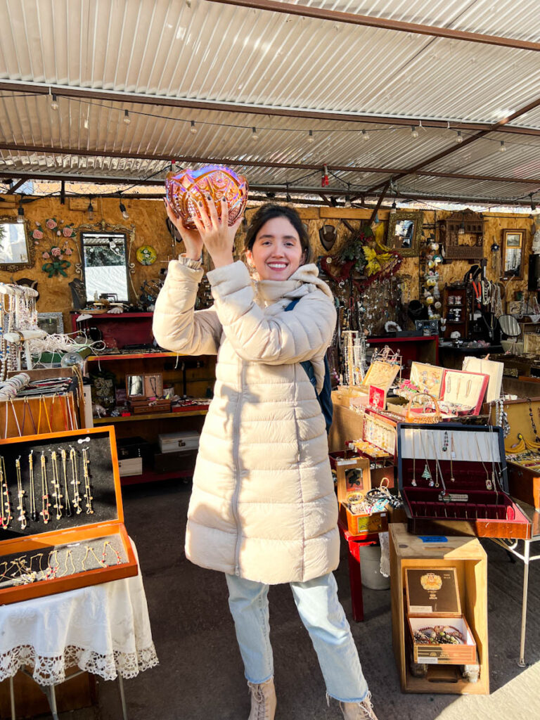 A woman holding a good at a New York City market in fall