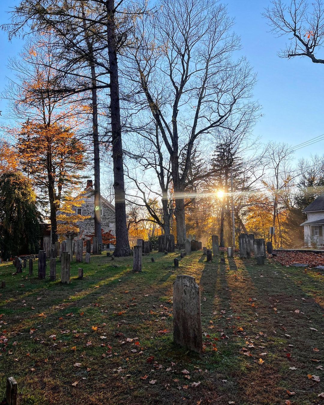 Gravestones surrounded by trees on the Historic Huguenot Street in New Paltz