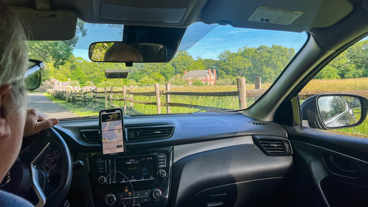 The view of an Oyster Bay, Long Island area from inside a car
