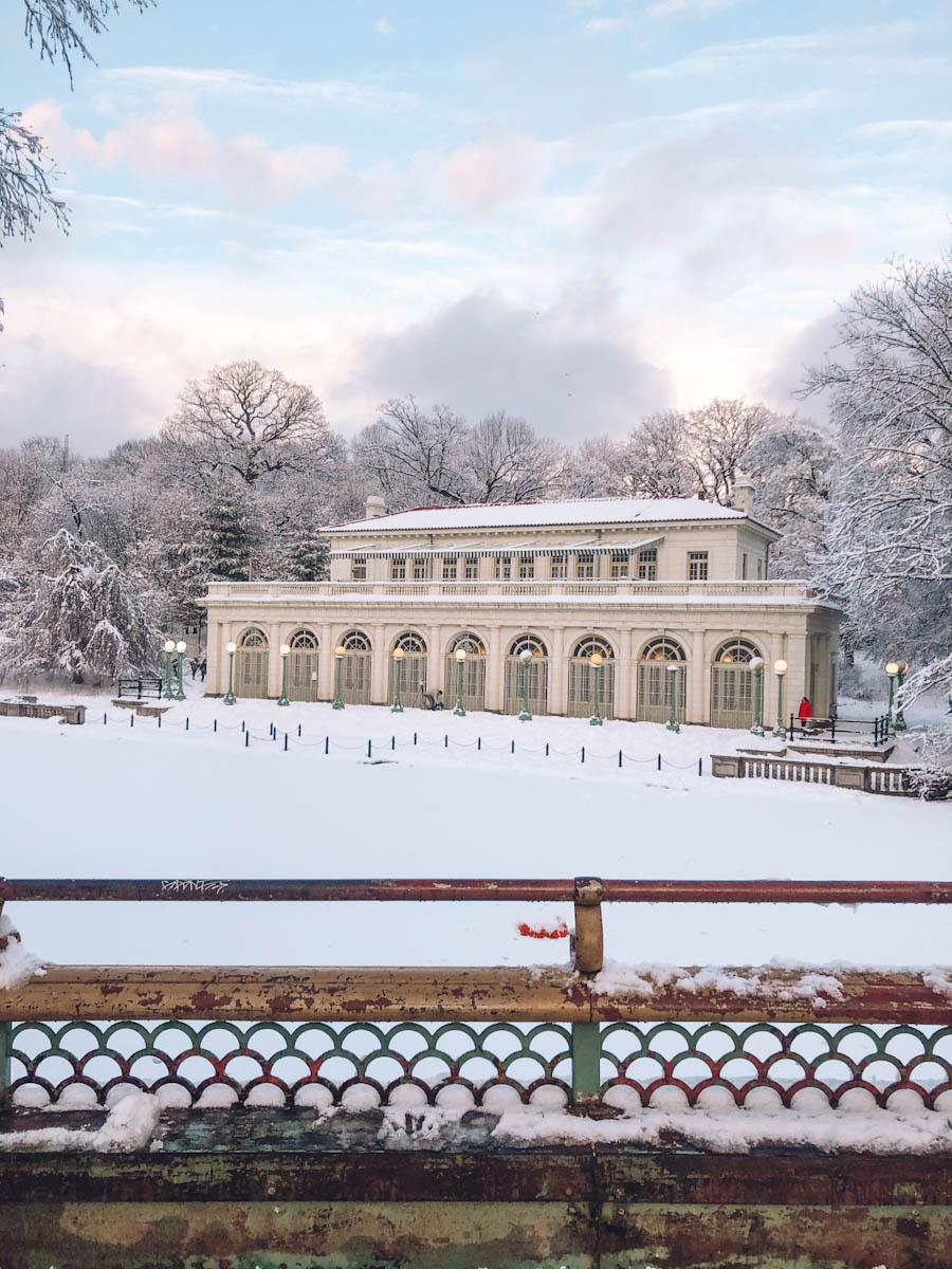 A building surrounded by trees and snow at Prospect Park