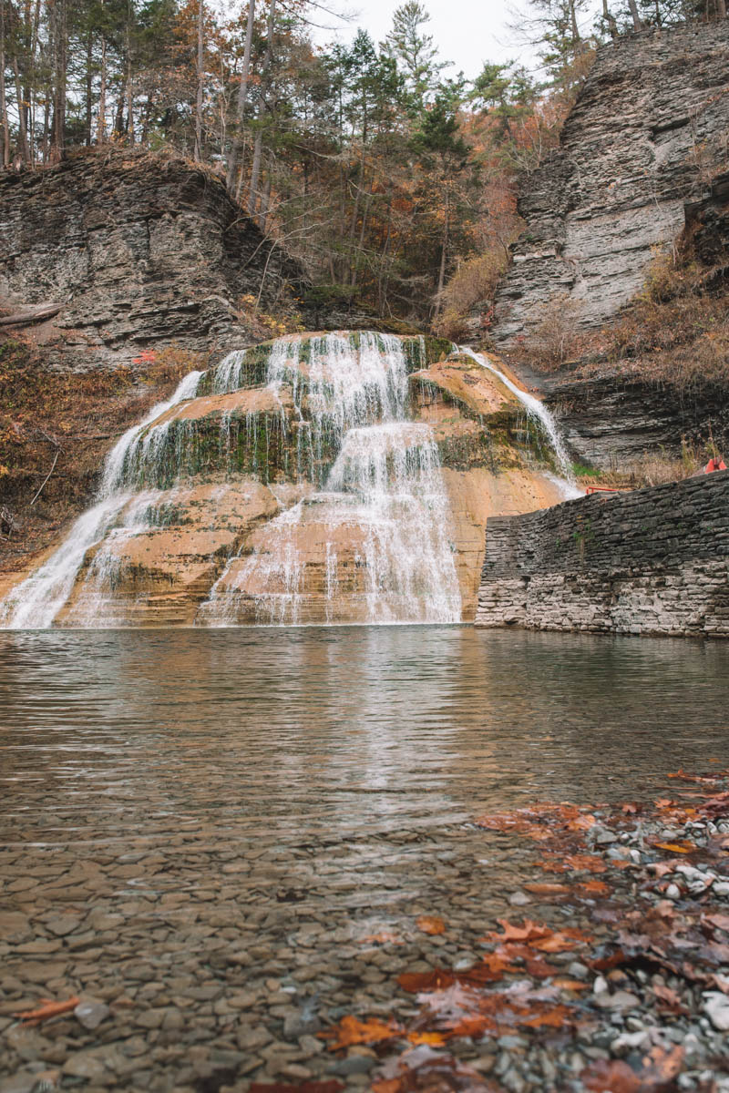 Lower Falls at Robert Treman State Park, one of the best waterfalls in the United States, in fall.