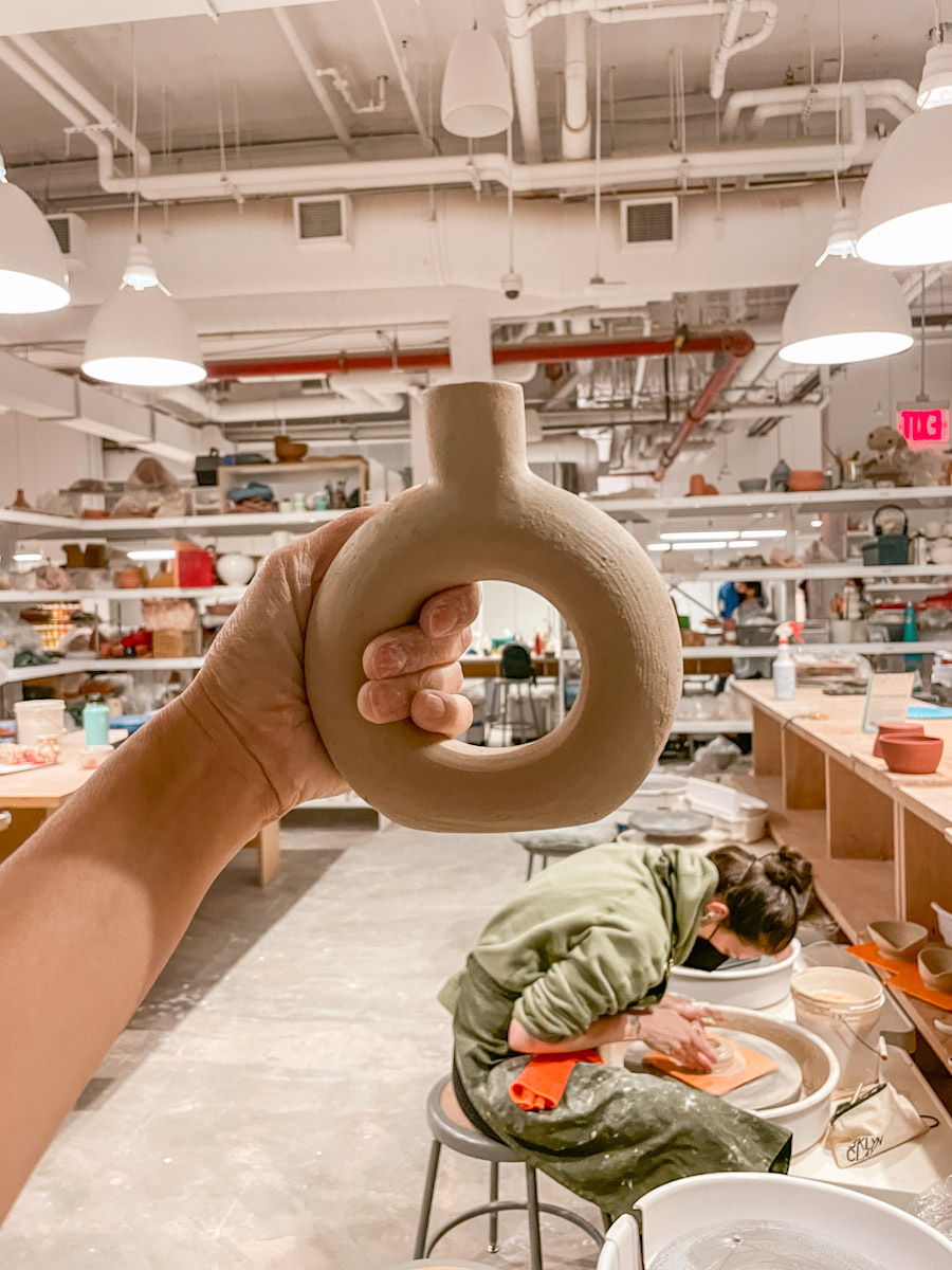 A freshly created vase made at a pottery studio in NYC indoor thing to do