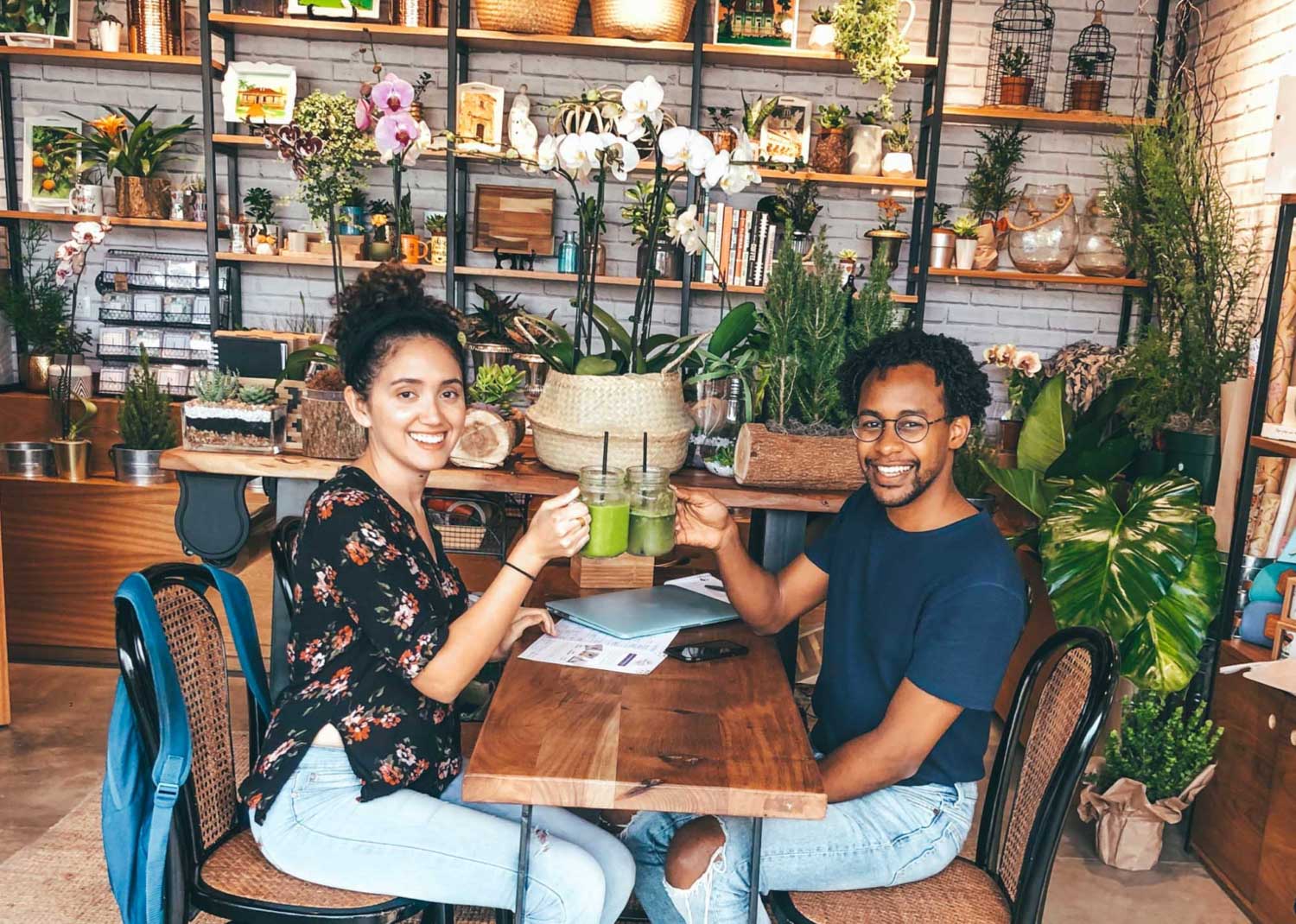 Two people having drinks at a cafe in the Dominican Republic.