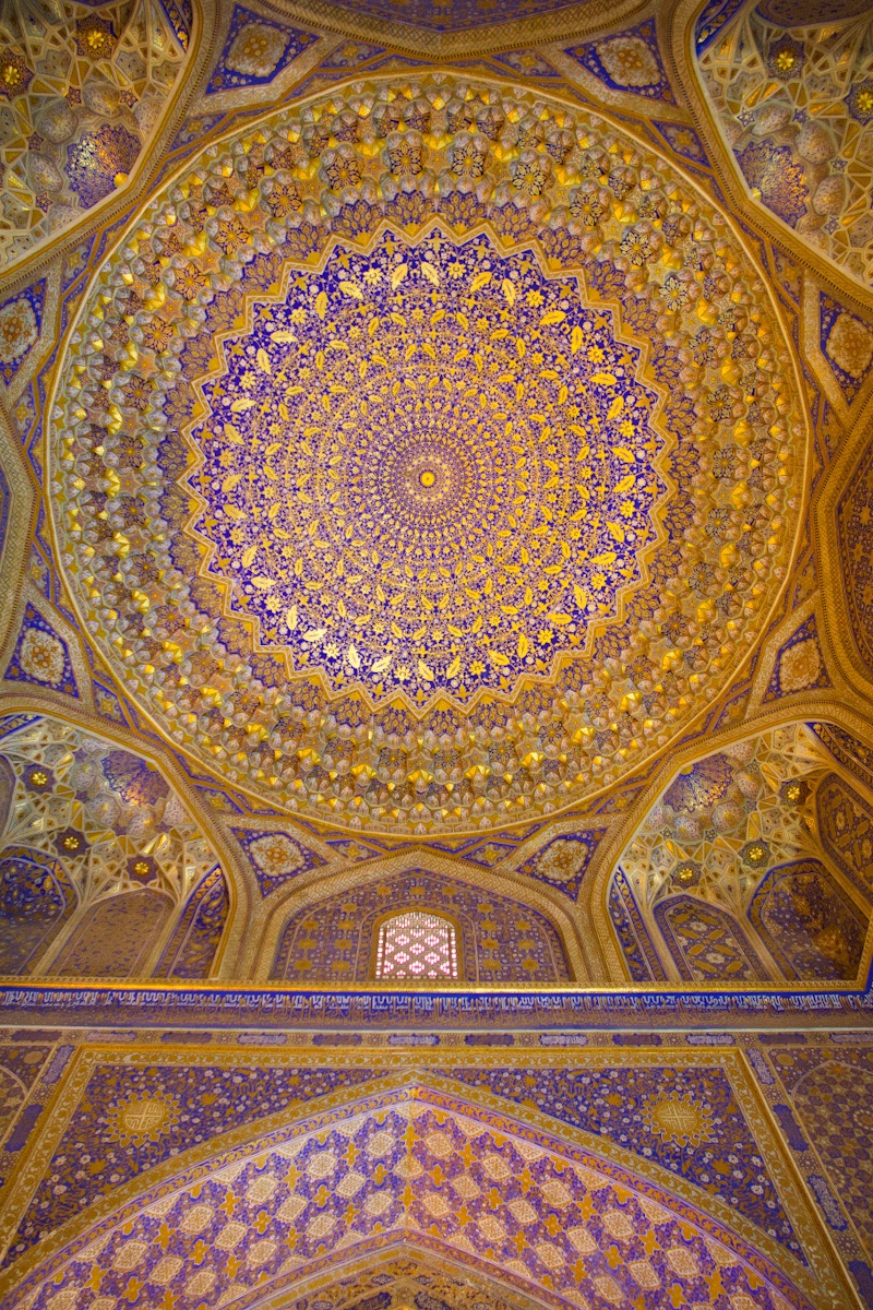 Mesmerizing ceiling inside Tilya Kori Madrasa in Samarkand.