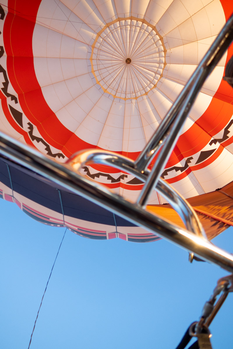 The view of the inside of a hot air balloon.