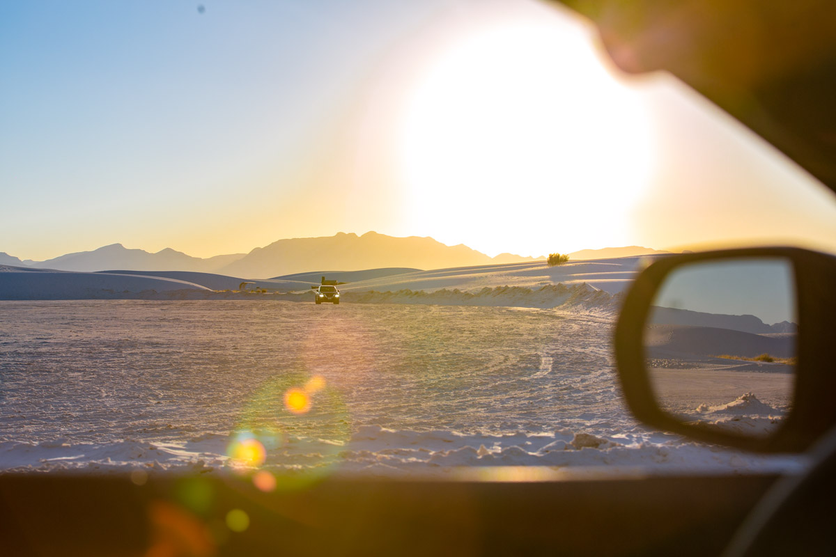 The view of a White Sands National Park from a car window.