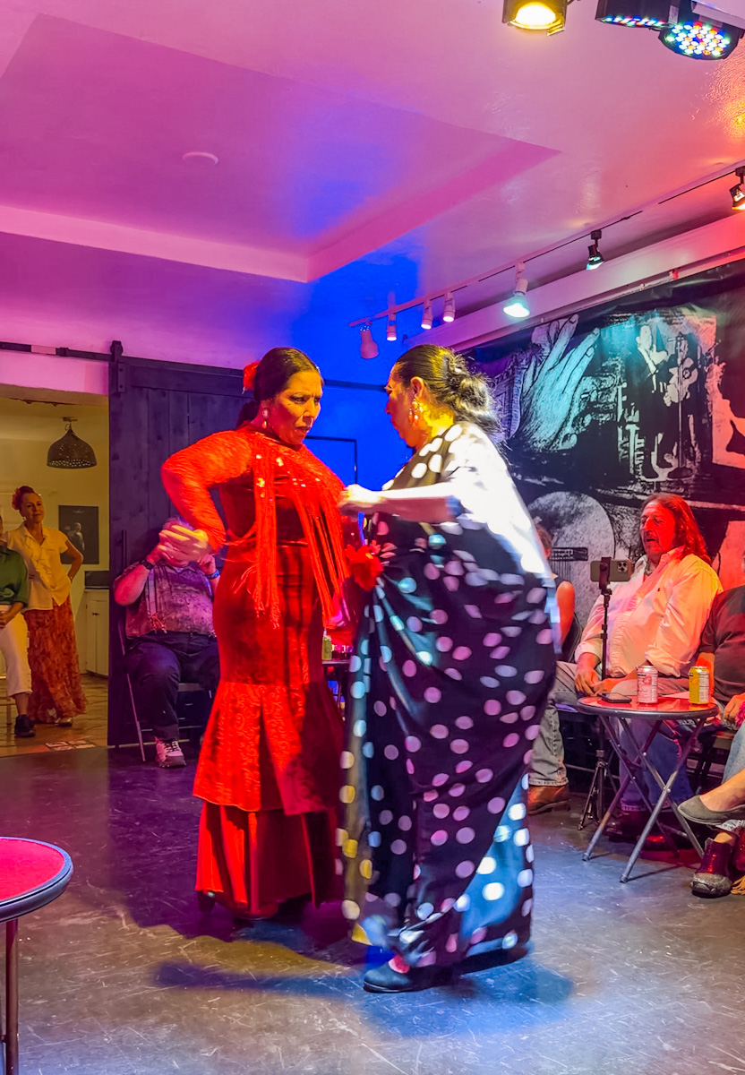 Two women performing flamenco in a living room in Albuquerque, New Mexico.